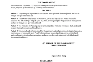 Decree No. 93/2009/ND-CP of October 22, 2009, promulgating the regulation on management and use of foreign non-governmental aid