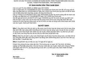 Quyết định 22/2009/QĐ-UBND mức trần phí dịch vụ lấy nước tổ chức hợp tác dùng nước tính từ sau cống đầu kênh đến mặt ruộng