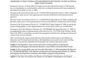 Circular No. 31/2009/TT-BGDDT prevention and control of drug problems at educational establishments