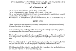 Quyết định 128/2009/QĐ-TTg  danh mục bí mật nhà nước độ Tuyệt mật  ngành Nông nghiệp và Phát triển nông thôn