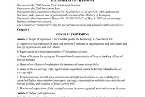 Circular No. 26/2009/TT-BGTVT of October 28, 2009, providing for air carriage and general aviation