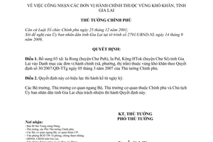 Quyết định 1733/QĐ-TTg  công nhận các đơn vị hành chính vùng khó khăn, tỉnh Gia Lai