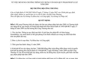 Quyết định 5422/QĐ-BCT  bổ sung Chương trình xây dựng văn bản quy phạm pháp luật năm 2009