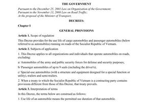 Decree No. 95/2009/ND-CP of October 30, 2009, providing for the use life of cargo automobiles and passenger automobiles