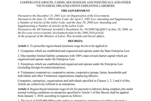 Decree No. 97/2009/ND-CP of October 30, 2009, prescribing region-based minimum wage levels for laborers working for Vietnamese companies, enterprises, cooperatives, cooperative groups, farms, households and individuals and other Vietnamese organizations employing laborers