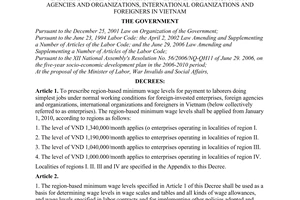 Decree No. 98/2009/ND-CP of October 30, 2009, prescribing region-based minimum wage levels for Vietnamese laborers working for foreign-invested enterprises, foreign agencies and organizations, international organizations and foreigners in Vietnam