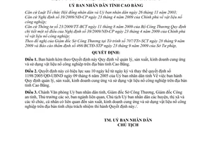 Quyết định 2557/2009/QĐ-UBND quản lý, sản xuất, kinh doanh cung ứng sử dụng vật liệu nổ công nghiệp