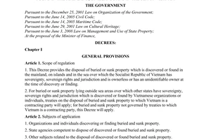 Decree No. 96/2009/ND-CP of October 30, 2009, on the disposal of buried and sunk property which is discovered or found in the mainland, on islands and in the sea of Vietnam