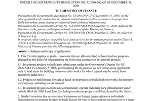 Circular No. 192/2009/TT-BTC of October 01, 2009, guiding the pilot payment of land use levy for projects to build new urban areas, houses or industrial-park technical infrastructure under the Government's Resolution No. 33/2008/NQ-CP of December 31, 2008