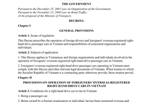 Decree No. 80/2009/ND-CP of October 01, 2009, on operation of foreigners' overseas-registered right-hand drive cars in Vietnam