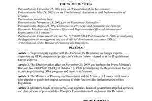Decision No. 119/2009/QD-TTg of October 01, 2009, promulgating the regulation on foreign experts implementing oda programs and projects