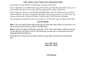 Quyết định 1516/QĐ-UBND năm 2009 chức năng nhiệm vụ quyền hạn Sở KH&ĐT Đắk Nông