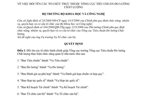 Quyết định 2238/QĐ-BKHCN đổi tên các tổ chức Tổng cụcTiêu chuẩn đo lường chất lượng