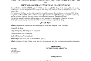 Quyết định 972/QĐ-BCĐCTCLC công nhận các danh hiệu thi đua chất lượng cao ngành xây dựng đợt 1 năm 2009