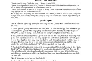 Quyết định 1563/QĐ-TTg  thành lập Ban Quản lý Khu kinh tế Trà Vinh