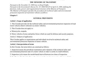 Circular No. 22/2009/TT-BGTVT of October 06, 2009, specifying the procedures for technical safety and environmental protection inspection of road motor vehicles