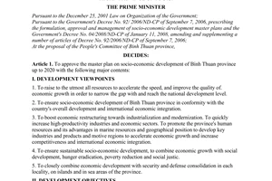 Decision No. 120/2009/QD-TTg of October 06, 2009, approving the master plan on socio-economic development of Binh Thuan province up to 2020