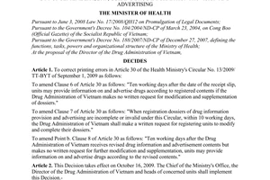 Decision No. 3814/QD-BYT of October 09, 2009, correcting Article 30 of the Health Ministry's Circular No. 13/2009/ TT-BYT of September 01, 2009, guiding drug information provision and advertising