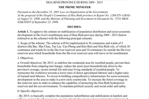 Decision No. 1588/QD-TTg of October 09, 2009, approving the scheme on stabilization of population distribution and socio-economic development in Da River's resettlement area of Hoa Binh province during 2009 - 2015