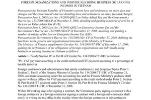 Circular No. 197/2009/TT-BTC of October 09, 2009, supplementing the Finance Ministry's Circular No. 134/2008/TT-BTC of December 31, 2008, guiding the performance of tax obligations of foreign organizations and individuals doing business or earning incomes in Vietnam