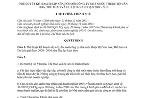 Quyết định 1587/QĐ-TTg Kế hoạch sắp xếp, đổi mới công ty nhà nước  Bộ Văn hóa, Thể thao và Du lịch giai đoạn 2009 - 2010 do Thủ