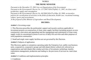 Decision No. 131/2009/QD-TTg of November 02, 2009, on a number of investment preference and promotion policies and the management and exploitation of rural clean water supply works