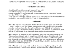 Quyết định 1748/QĐ-TTg sáp nhập Khu công nghiệp Bắc Phú Cát vào Khu Công nghệ cao Hòa Lạc