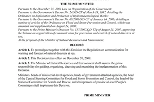 Decision No. 133/2009/QD-TTg of November 03, 2009, promulgating the regulation on communication for warning and forecast of natural disasters at sea