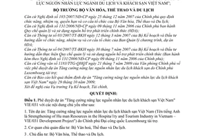 Quyết định 4030/QĐ-BVHTTDL phê duyệt nội dung văn kiện dự án VIE/031 Tăng cường năng lực nguồn nhân lực du lịch khách sạn Việt Nam