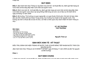 Thông tư 21/2009/TT-BTNMT  định mức kinh tế - kỹ thuật điều tra, đánh giá hiện trạng xả nước thải  khả năng tiếp nhận nước thải