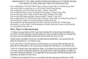 Thông tư 32/2009/TT-BCT giới hạn cho phép hàm lượng formaldehyt  amin thơm có thể giải phóng ra từ thuốc nhuộm azo sản phẩm dệt may