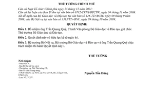 Quyết định 1819/QĐ-TTg bổ nhiệm ông Trần Quang Quý giữ chức Thứ trưởng Bộ Giáo dục và Đào tạo