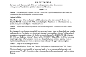 Decree No. 103/2009/ND-CP of November 06, 2009, promulgating the regulation on cultural activities and commercial provision of public cultural services