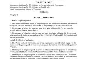Decree No. 104/2009/ND-CP of November 09, 2009, providing for the list of dangerous goods and the transport of dangerous goods by road motor vehicles