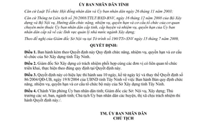 Quyết định 58/2009/QĐ-UBND chức năng nhiệm vụ quyền hạn Sở Xây dựng Tây Ninh