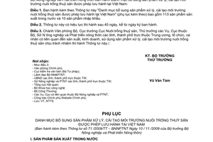 Thông tư 71/2009/TT-BNNPTNT Danh mục bổ sung sản phẩm xử lý cải tạo môi trường nuôi trồng thuỷ sản được phép lưu hành tại Việt Nam