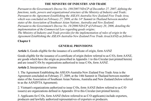 Circular No. 33/2009/TT-BCT of November 11, 2009, on the implementation of rules of origin in the Agreement Establishing the Asean-Australia-New Zealand free trade area