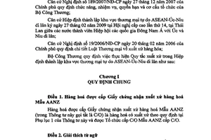 Thông tư 33/2009/TT-BCT thực hiện quy tắc xuất xứ trong Hiệp định thành lập khu vực thương mại tự do Asean-Úc-Niu Di Lân