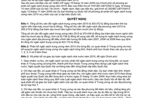 Nghị quyết 38/2009/QH12 phân bổ ngân sách trung ương năm 2010