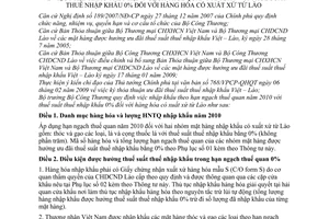 Thông tư 34/2009/TT-BCT nhập khẩu hạn ngạch thuế quan năm 2010 thuế suất thuế nhập khẩu 0% hàng hóa có xuất xứ từ Lào