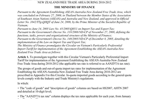 Circular No. 217/2009/TT-BTC of November 17, 2009, promulgating Vietnam's particularly preferential import tariff for implementation of the Agreement Establishing the Asean-Australia-New Zealand free trade area during 2010-2012