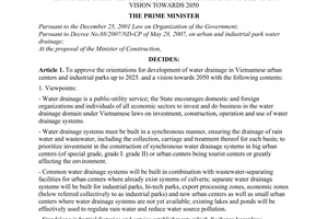 Decision No. 1930/QD-TTg of November 20, 2009, approving orientations for development of water drainage in Vietnamese urban centers and industrial parks up to 2025 and a vision towards 2050