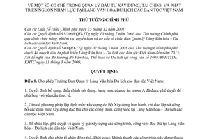 Quyết định 1925/QĐ-TTg cơ chế trong quản lý đầu tư xây dựng, tài chính  phát triển nguồn nhân lực tại Làng Văn hóa Du lịch các dân tộc Việt Nam