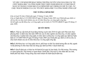 Quyết định 1926/QĐ-TTg  cấp kinh phí hoạt động thường xuyên năm 2010 cho các tổ chức khoa học  công nghệ
