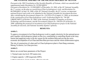 Resolution No. 40/2009/QH12 of November 25, 2009, approving investment in lai Chau hydropower project