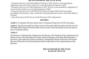 Decision No. 2665/QD-NHNN of November 25, 2009, on the base interest rate in Vietnamese Dong