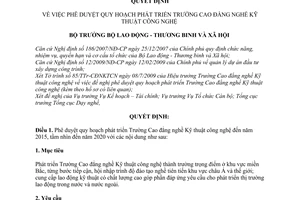 Quyết định 1591/QĐ-LĐTBXH phê duyệt quy hoạch phát triển Trường Cao đẳng nghề Kỹ thuật công nghệ