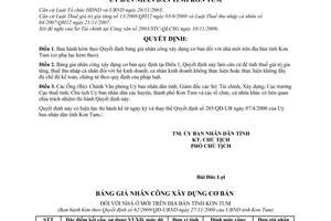 Quyết định 62/2009/QĐ-UBND bảng giá nhân công xây dựng cơ bản nhà mới trên địa bàn tỉnh Kon Tum