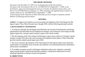 Decision No. 1955/QD-TTg of November 27, 2009, approving the scheme on socioeconomic development of the Tam Giang-Cau Hai lagoon region, Thua Thien-Hu