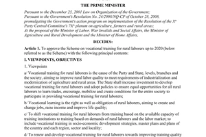Decision No. 1956/QD-TTg of November 27, 2009, approving the scheme on vocational training for rural laborers up to 2020